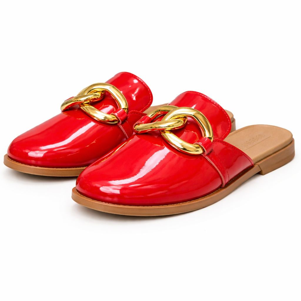 Glossy Red Flat Mule Slides with Gold Chain Detail