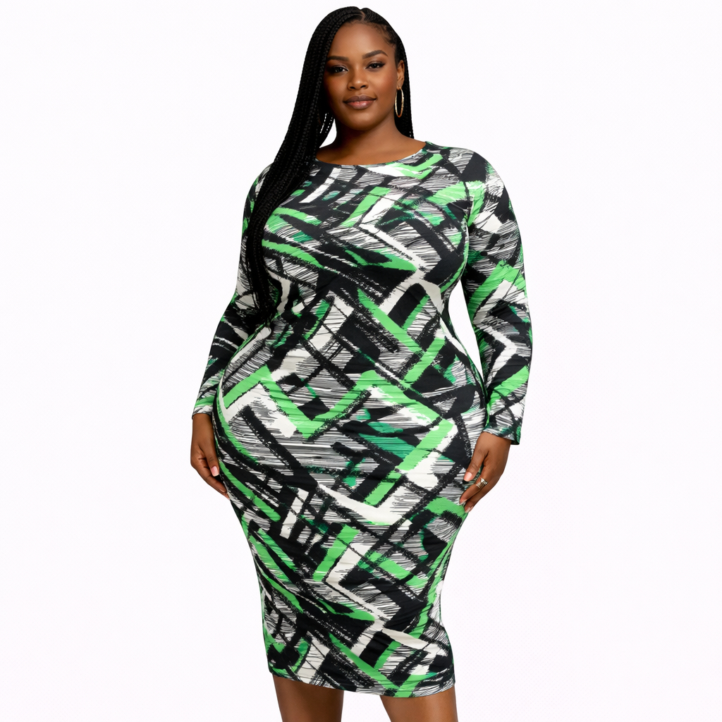 Green and  Black Abstract Zigzag Print Fabric