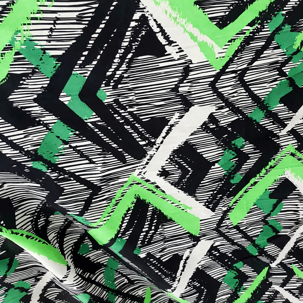 Green and  Black Abstract Zigzag Print Fabric