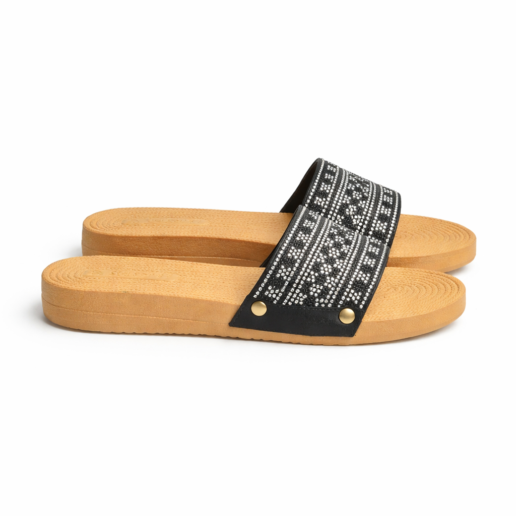 Women Flat Slide Sandals with Textured Footbed and Beaded Strap