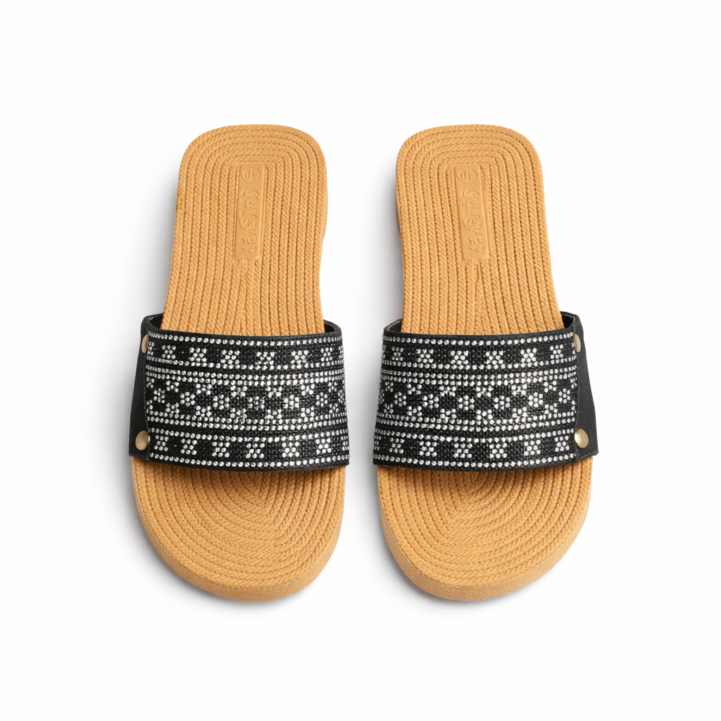 Women Flat Slide Sandals with Textured Footbed and Beaded Strap