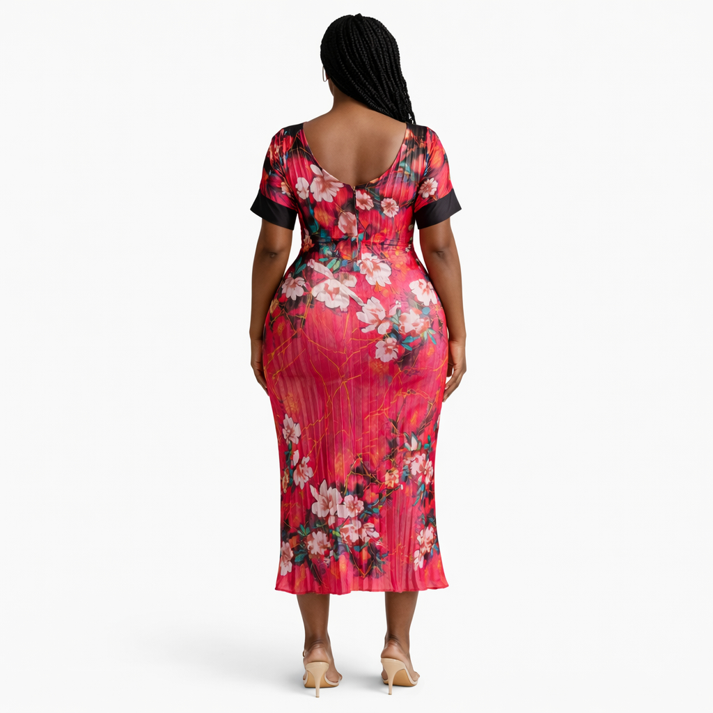 Floral pink Pleated Maxi Dress with Lace Bow Neckline