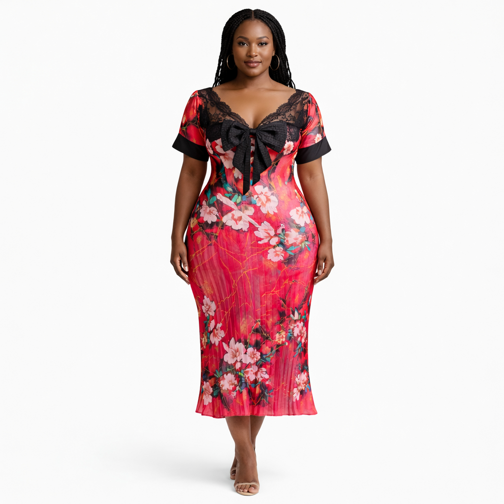 Floral pink Pleated Maxi Dress with Lace Bow Neckline