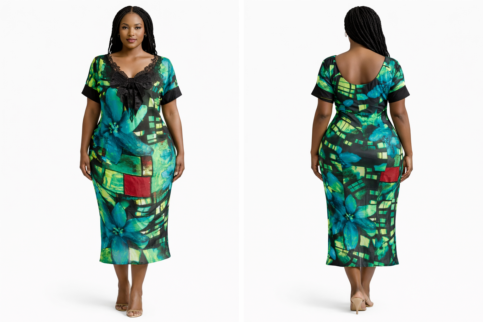 Green Abstract Print Knee Length Dress with Lace Bow Neckline