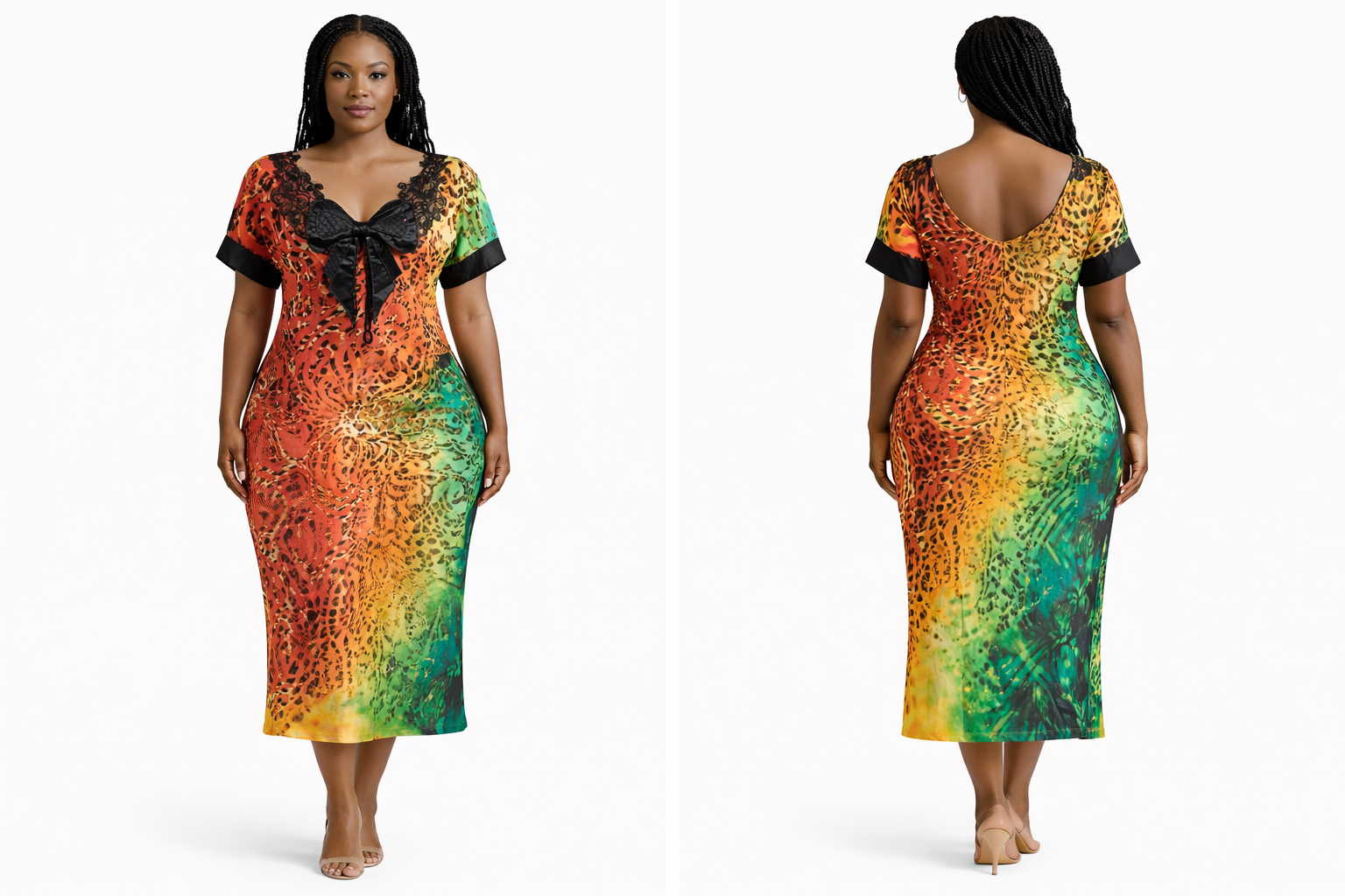 Elegant Multicolor Abstract Print Knee Length Dress with Lace Bow Neckline