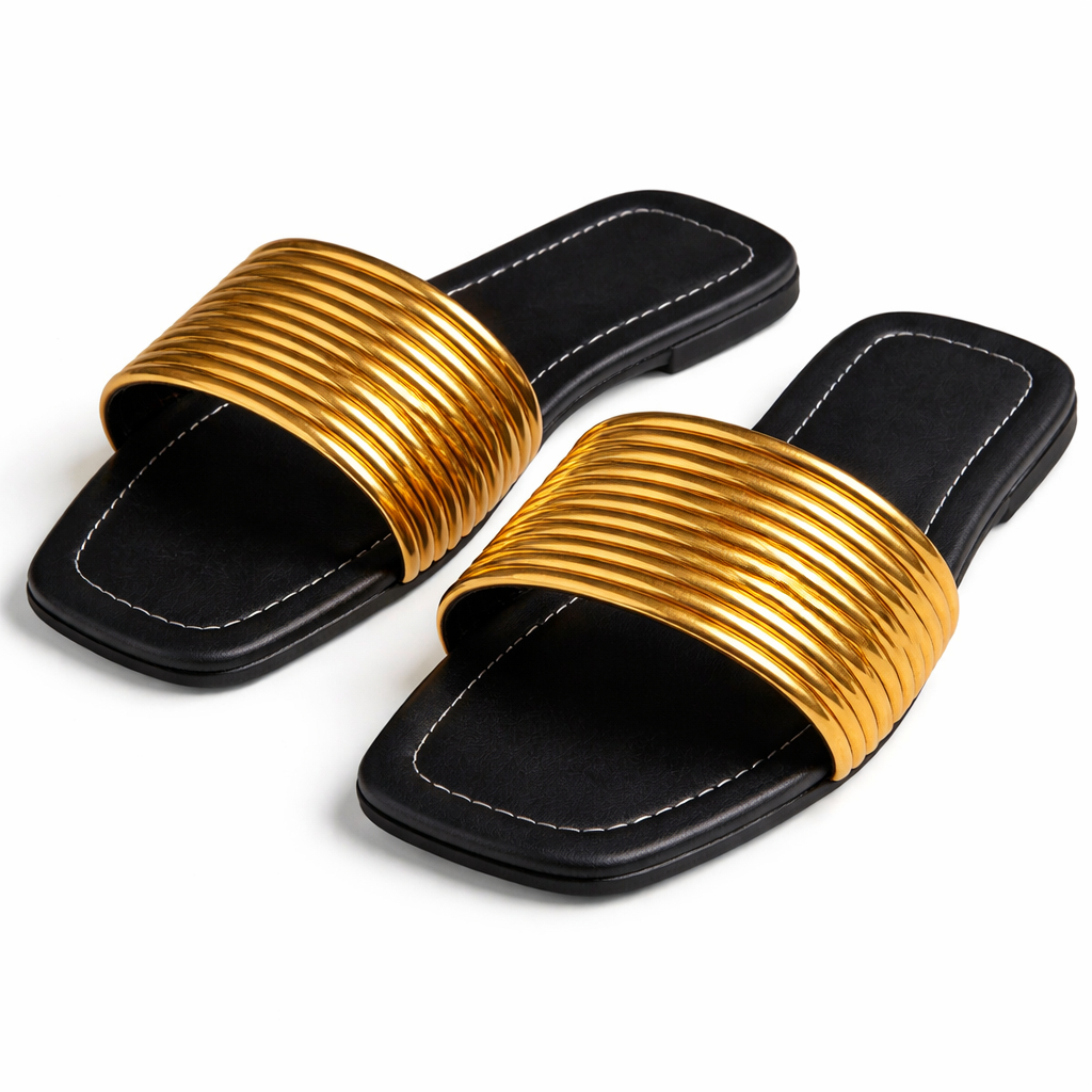 Gold Ribbed Slide Sandals Minimal Flat Slip On