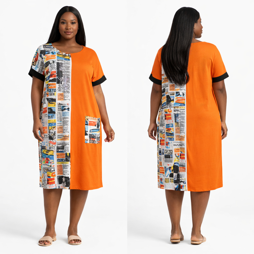 Elegant Orange Knee Length Dress with Printed Panel and Pocket