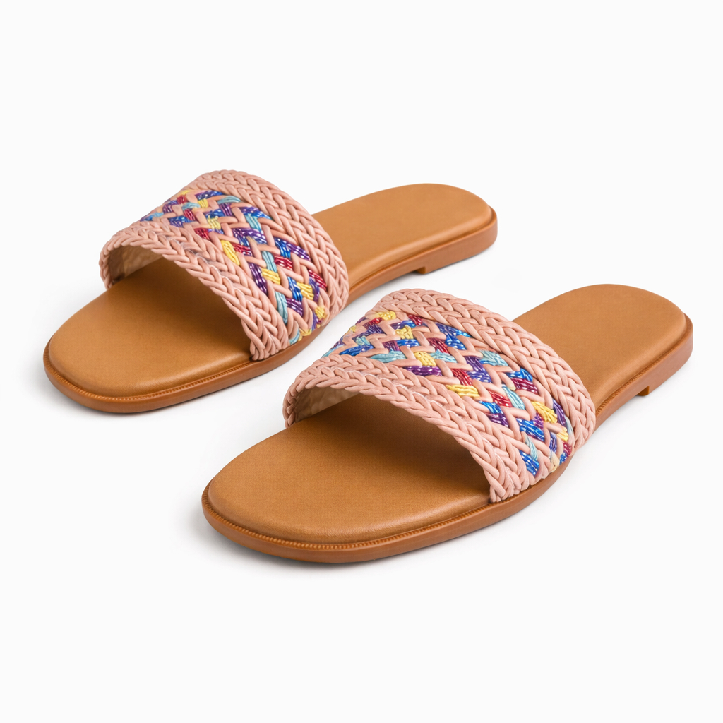 Women pink Woven Strap Flat Slide Sandals