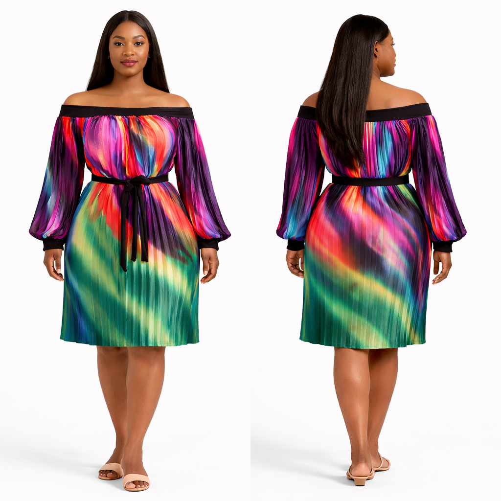 Multicolor Off Shoulder Pleated Midi Dress with Waist tie