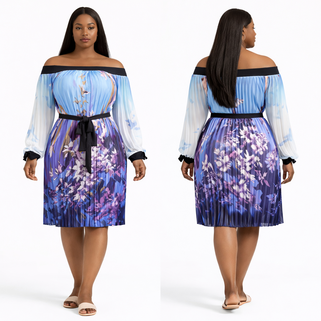 Blue Floral Off Shoulder Pleated Midi Dress with Waist Tie