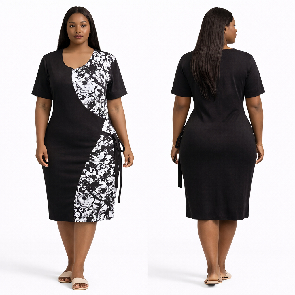 Black and White Floral Panel Knee Length Wrap Style Dress