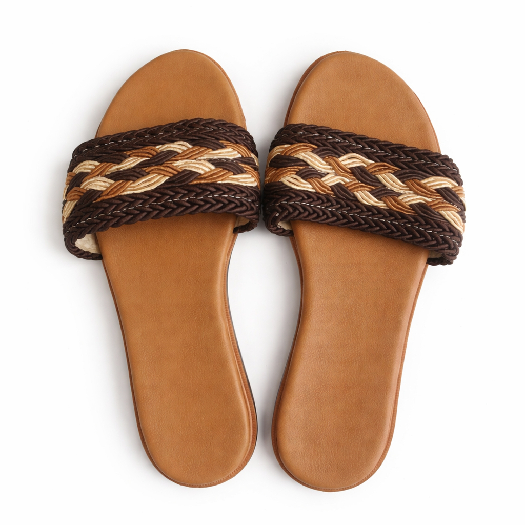 Women Brown Woven Flat Slide Sandals