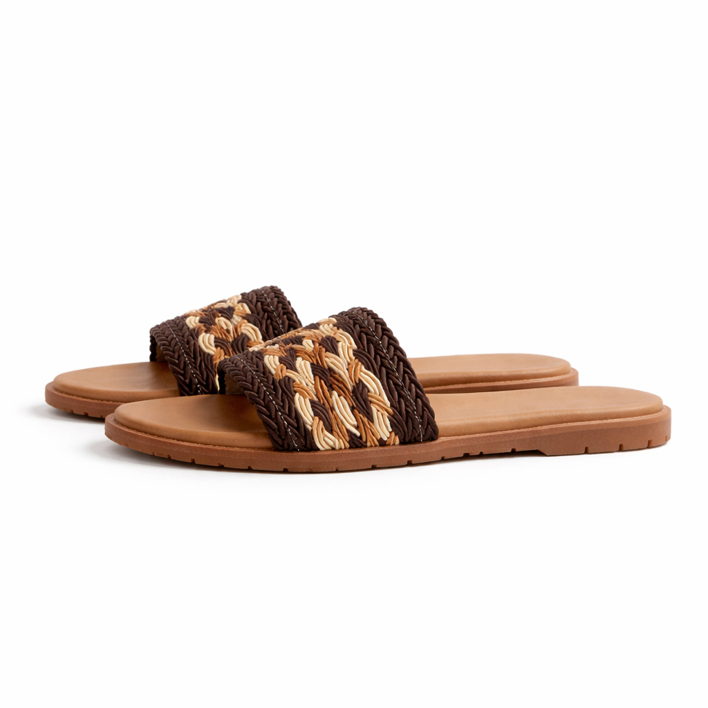Women Brown Woven Flat Slide Sandals