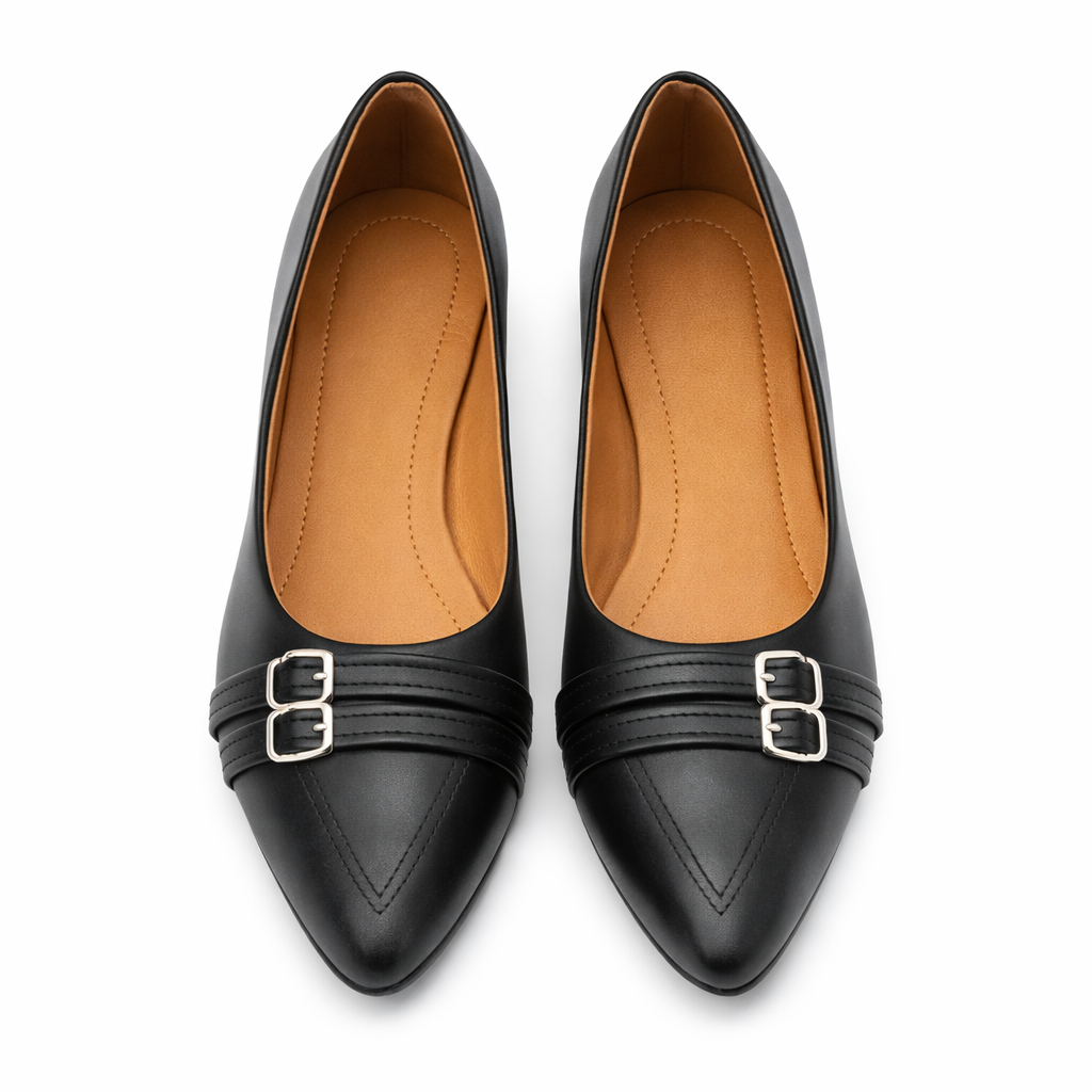Women Black Pointed Toe Flat Shoes with Buckle Detail