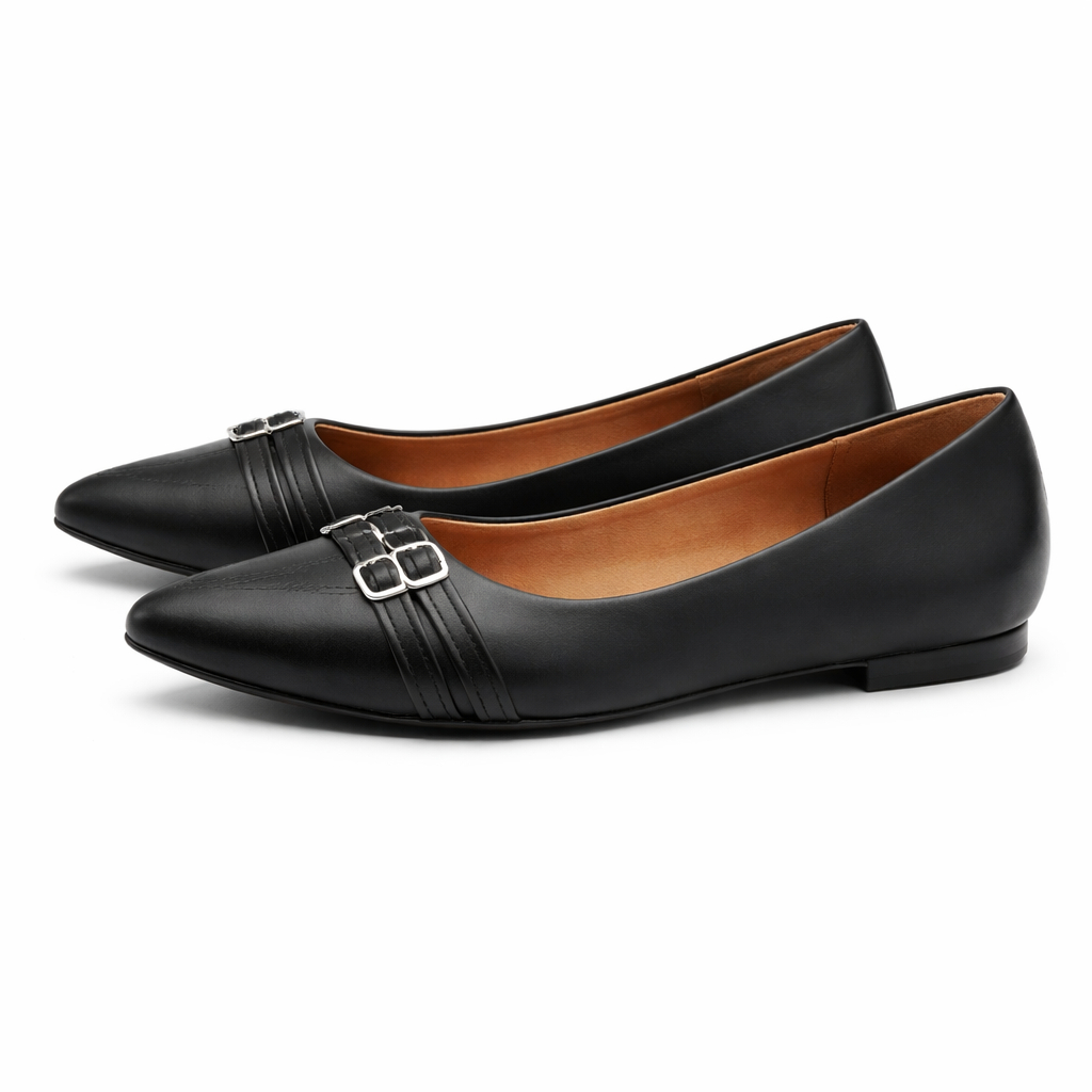 Women Black Pointed Toe Flat Shoes with Buckle Detail