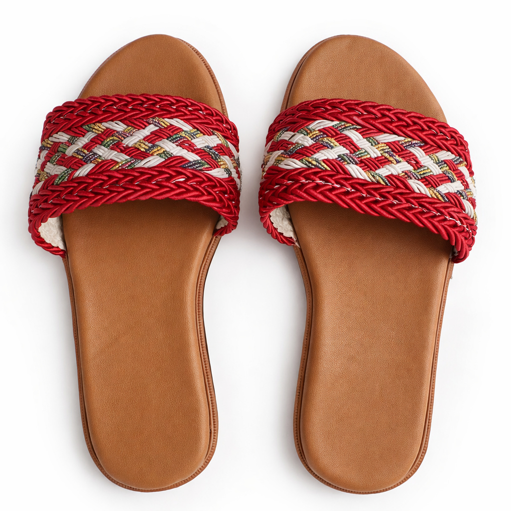 Women multicolour braided  Strap Flat Slide Sandal