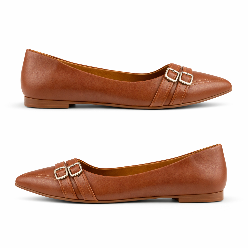 Women Brown Pointed Toe Flat Shoe with Buckle Detail