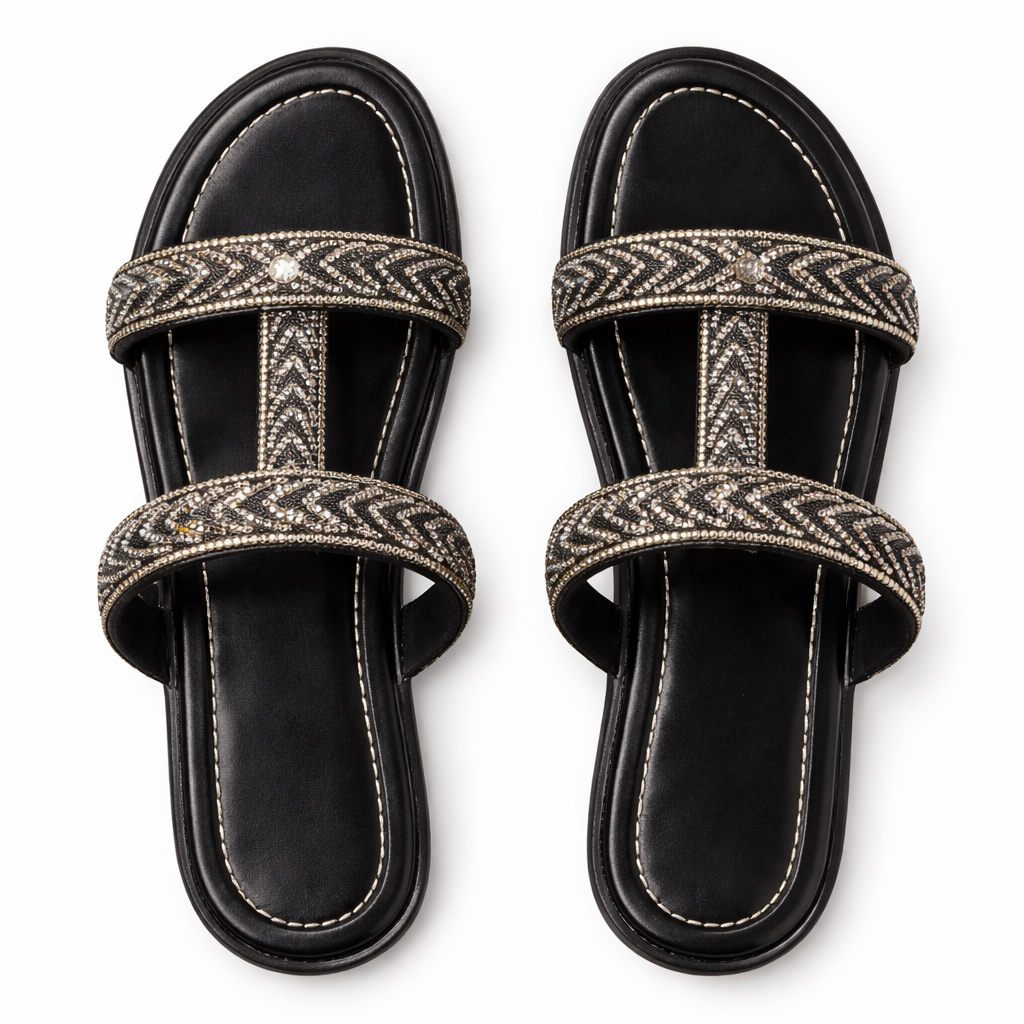 Women Flat Slip On Sandals with Decorative Rhinestone Straps