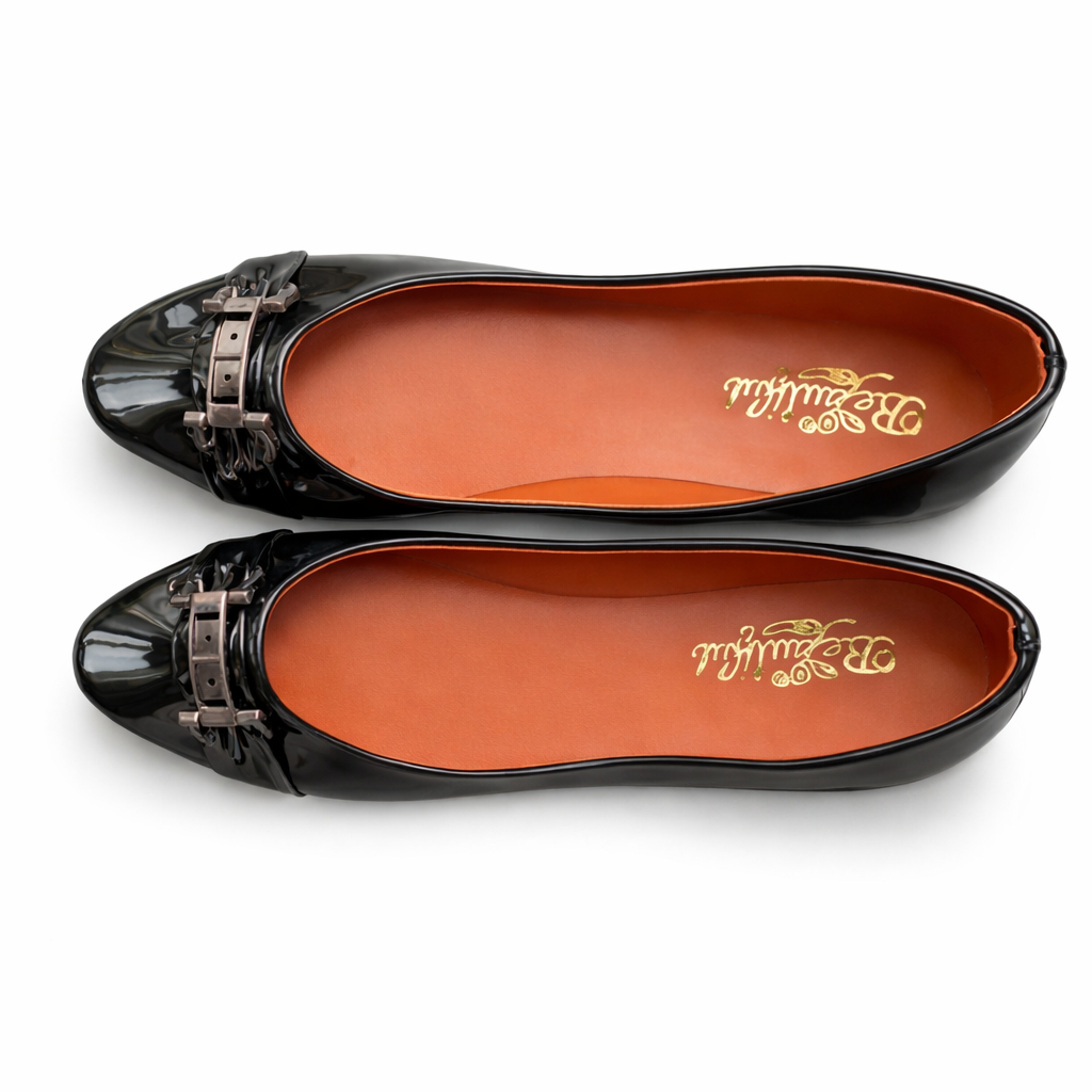 Women Black Patent Flat Shoes with Buckle Detail