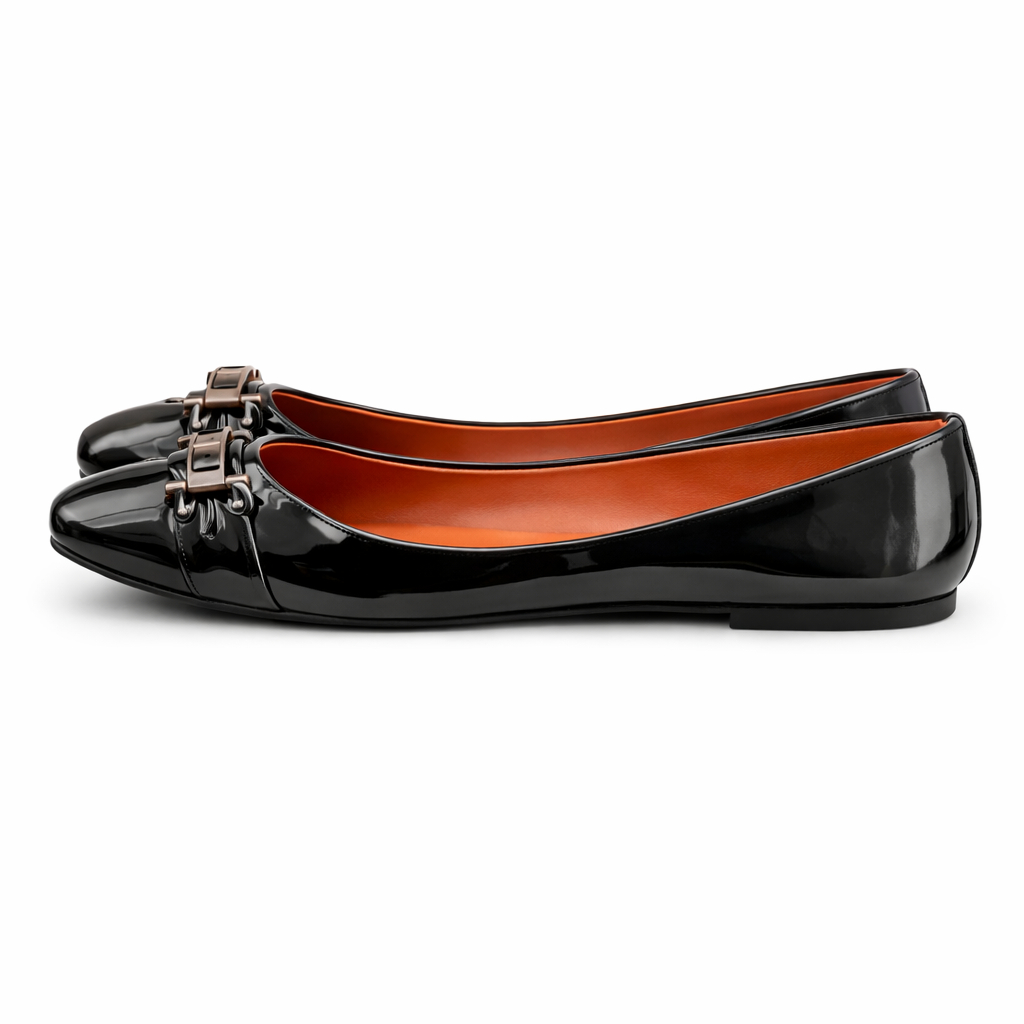 Women Black Patent Flat Shoes with Buckle Detail