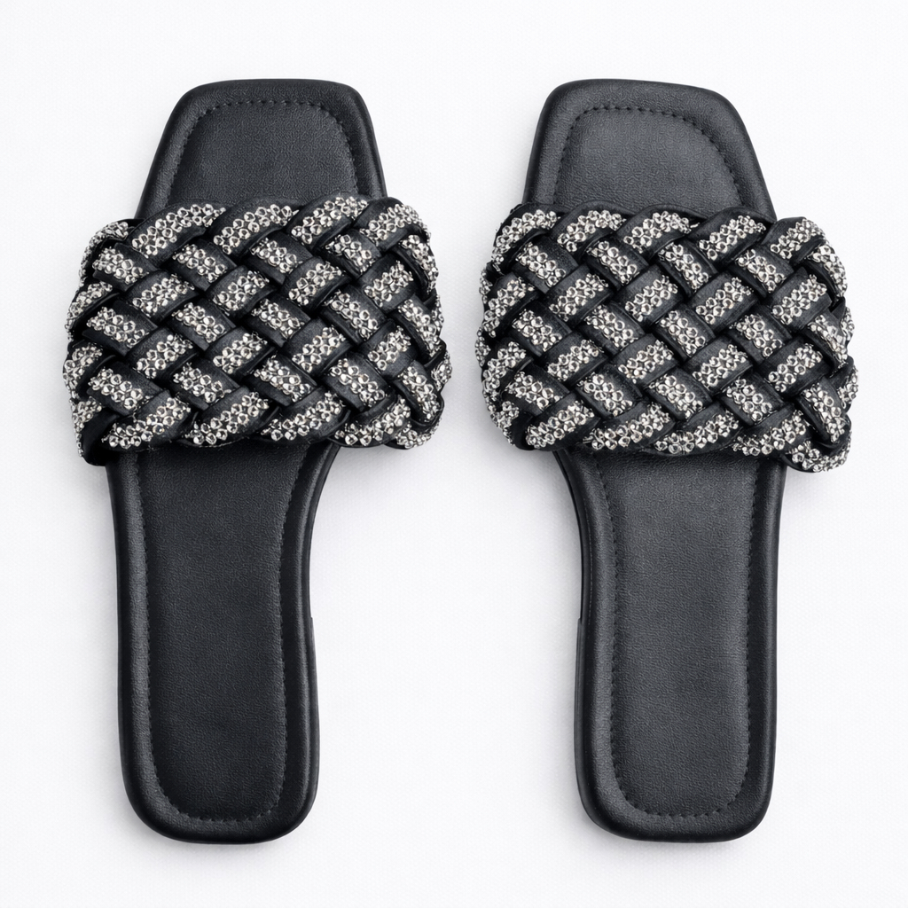 Women Rhinestone Braided Flat Slide Sandals