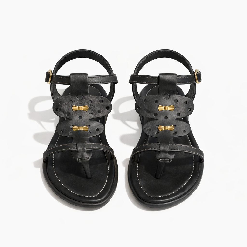 Women Flat T Strap Sandals with Decorative Bow Accents