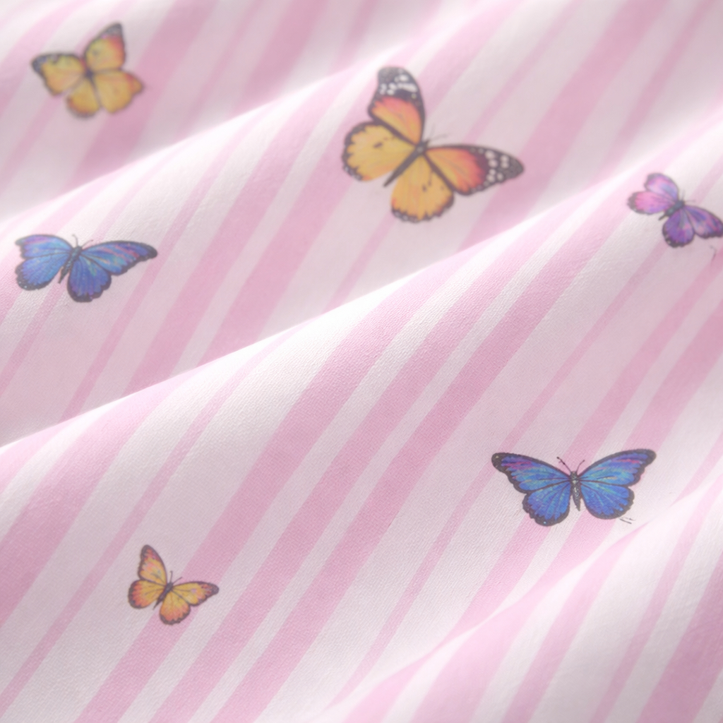 Printed Cotton Fabric with Pink Stripes and Butterfly Pattern