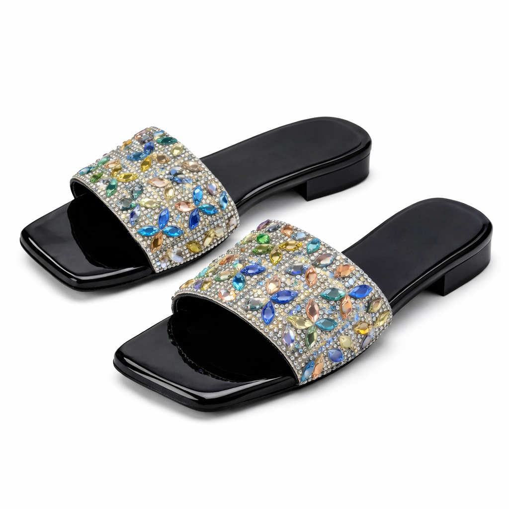 Elegant Multicolor Crystal Embellished Flat Slide Sandals