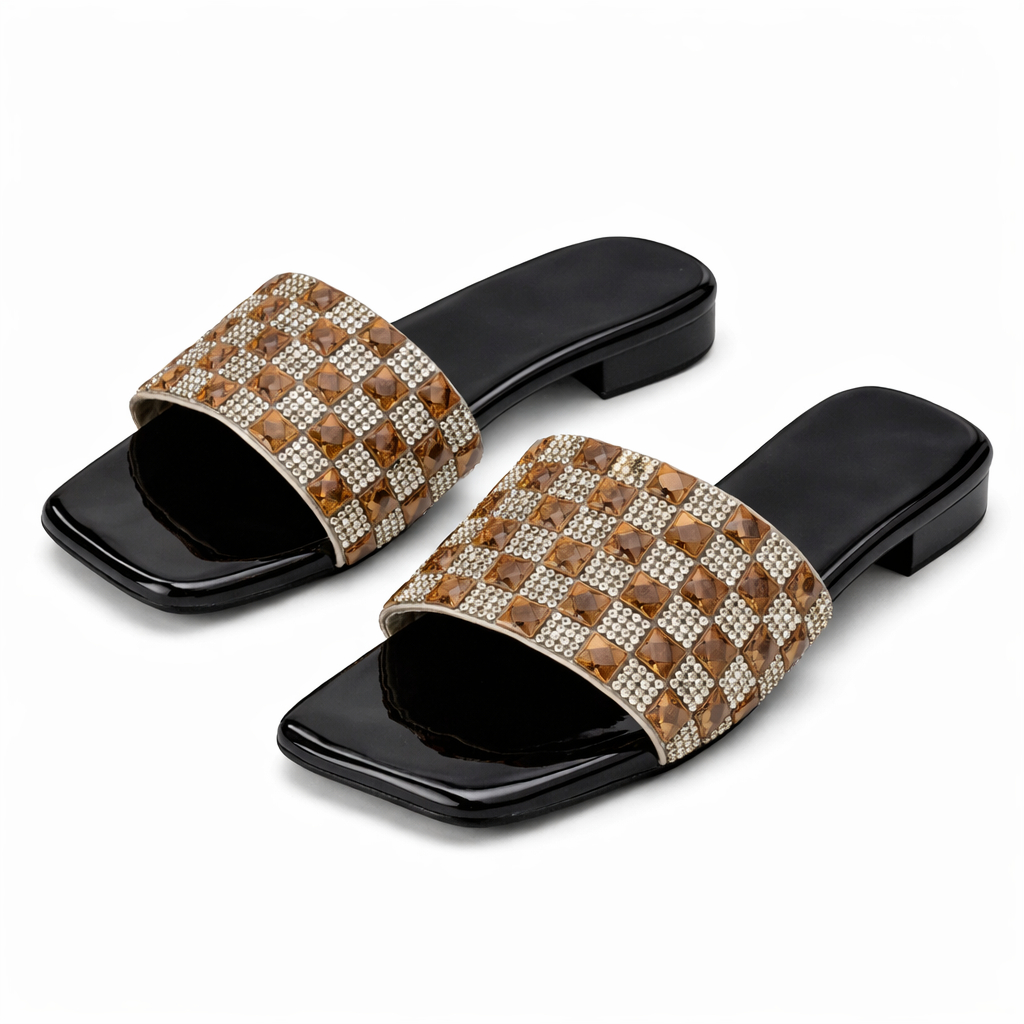 Bronze and Silver Studded Flat Slide Sandals
