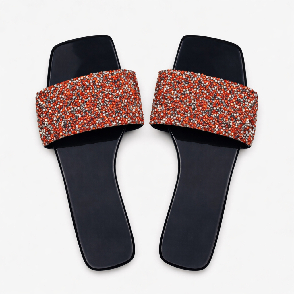 Red Crystal Studded Flat Slide Sandals