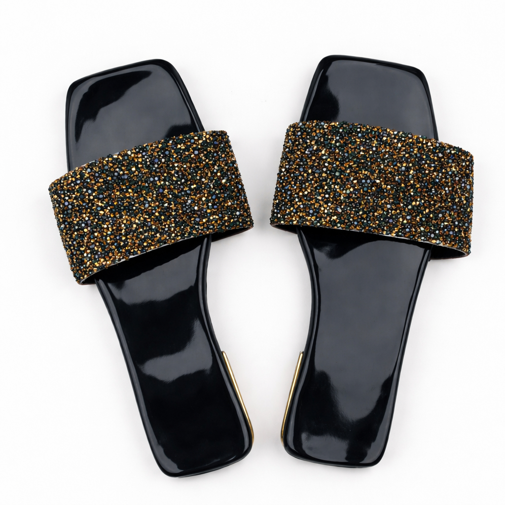 Black and gold Crystal Studded Flat Slide Sandals