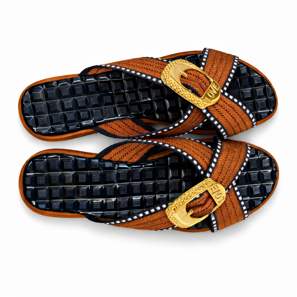Embossed Tan Croc Crisscross Slide Sandals with Gold Hardware