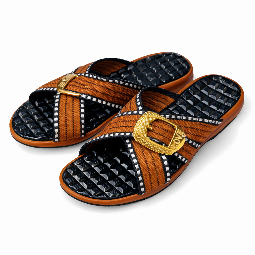 Embossed Tan Croc Crisscross Slide Sandals with Gold Hardware