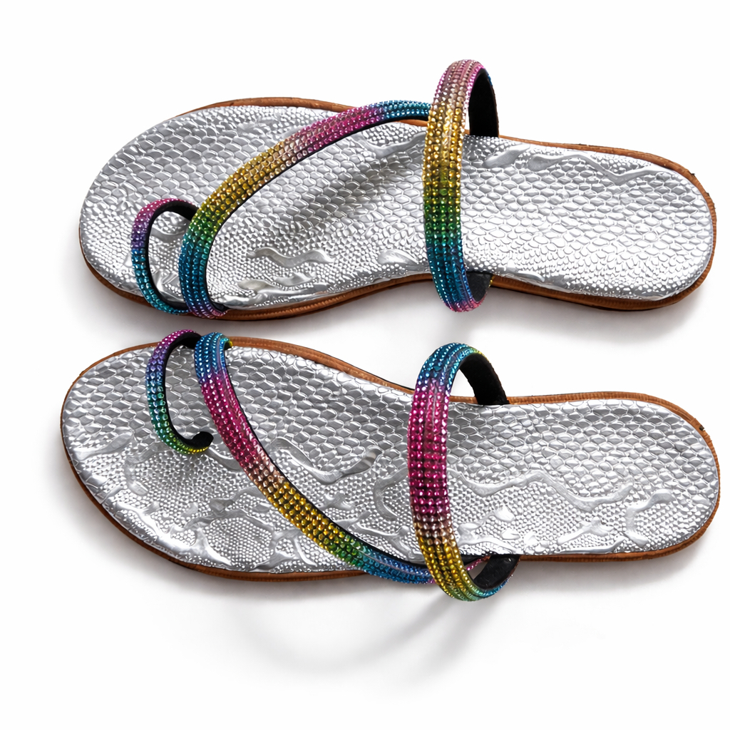 Rainbow Crystal Strap Flat Sandals with Textured Silver Footbed