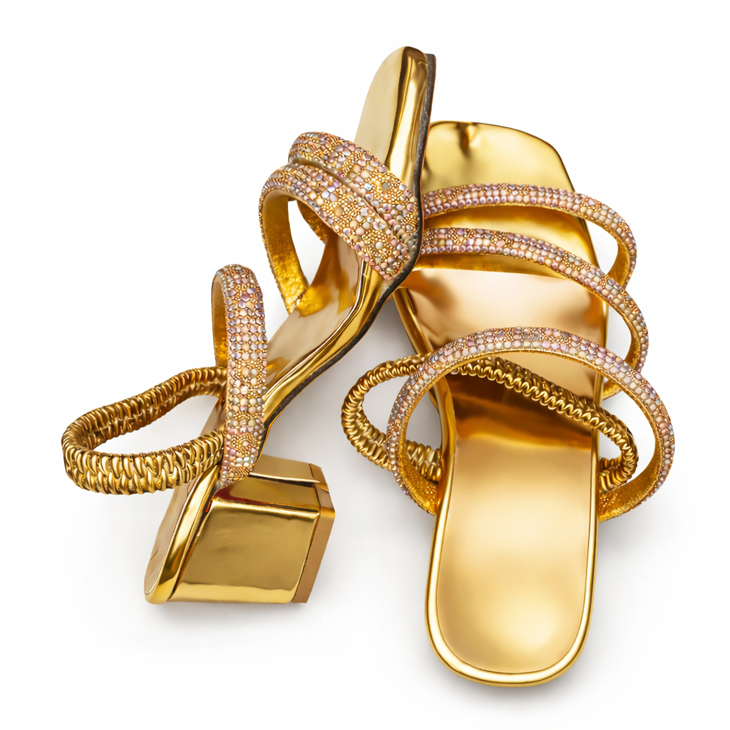 Women Gold Rhinestone Block Heel Slide Sandals