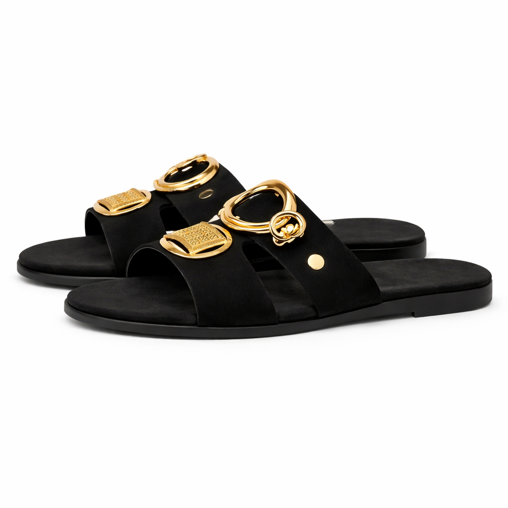 Black Flat Slide Sandals with Gold Tone Decorative Buckles