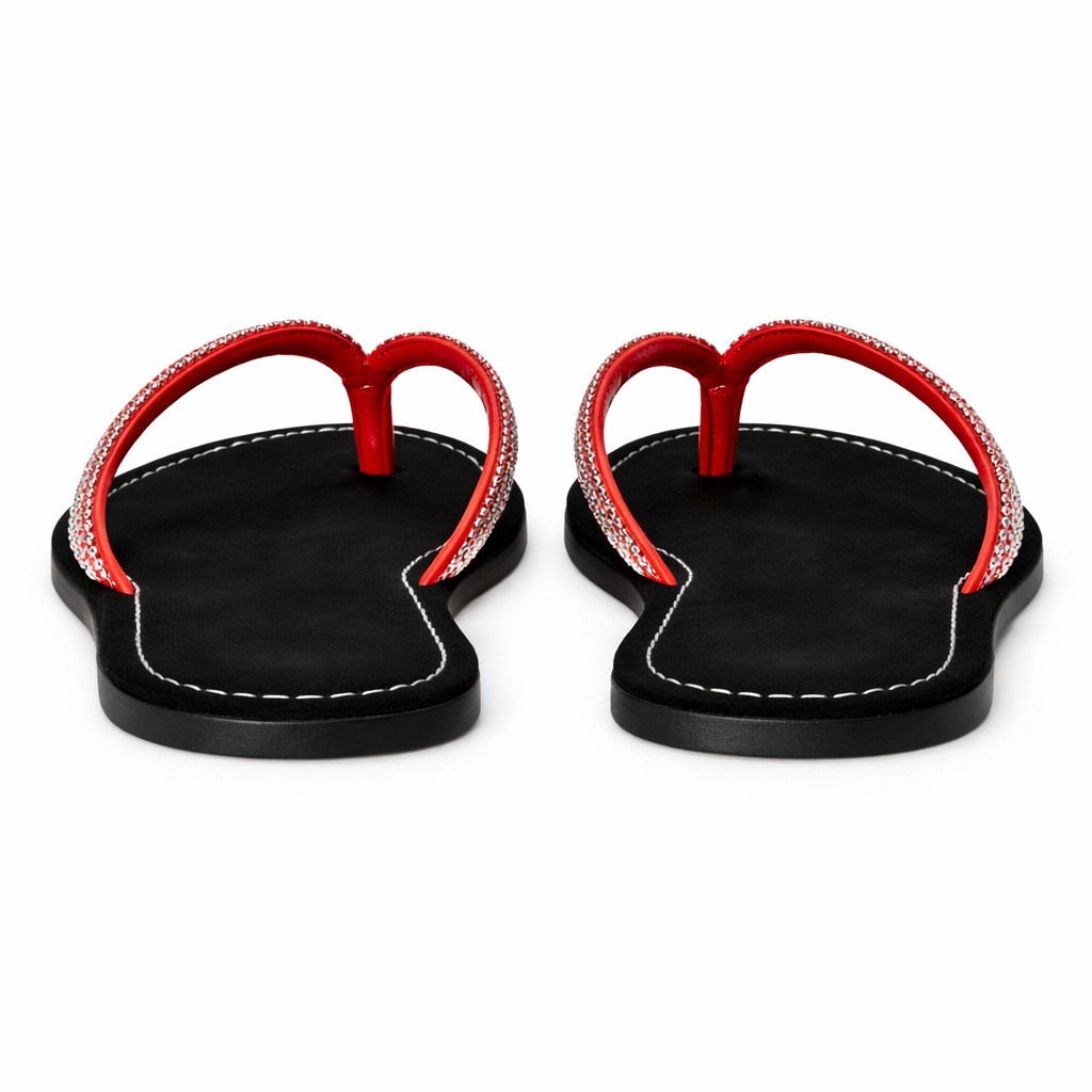 Red Crystal Strap Flat Flip Flop Sandals for Women