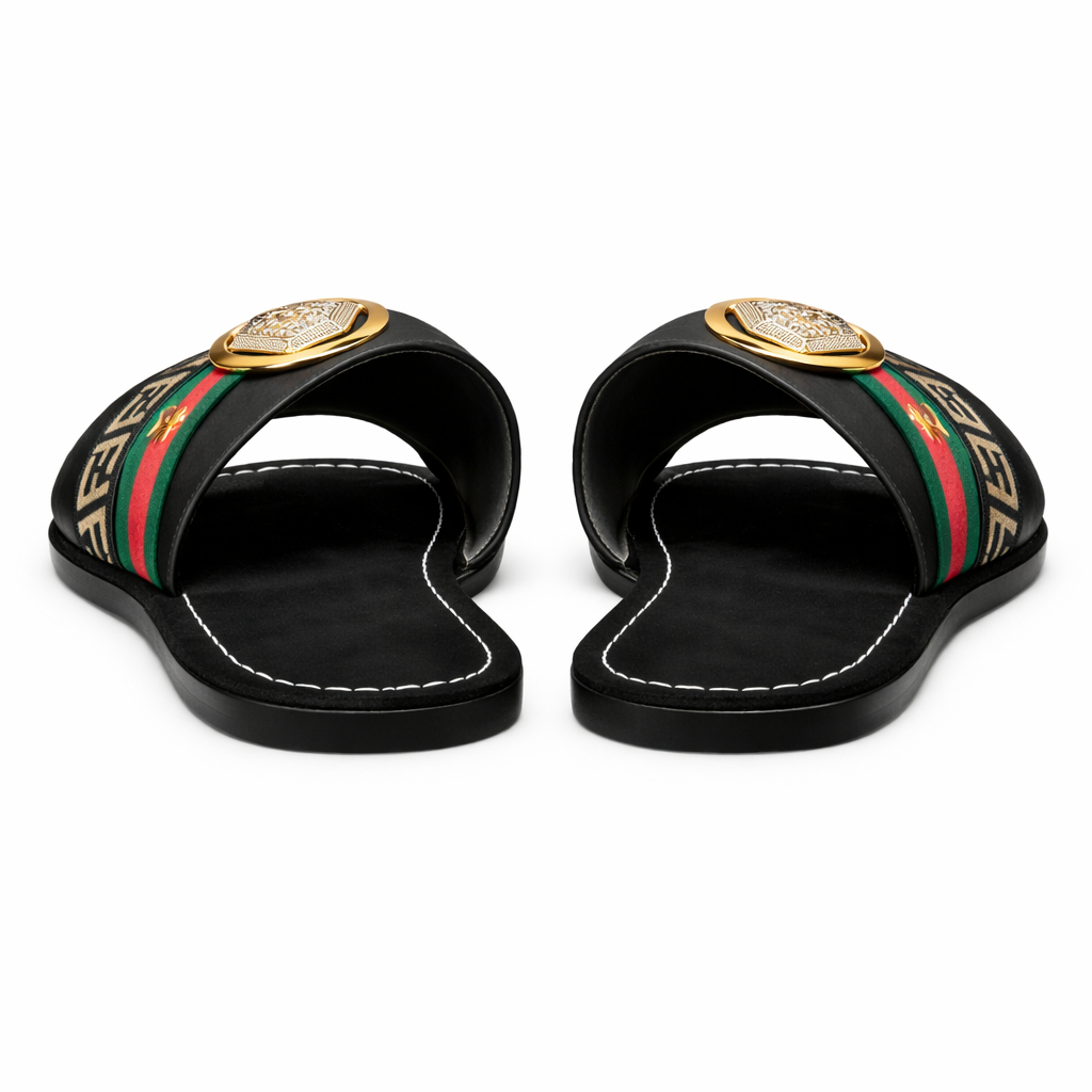 Black Flat Slide Sandals with Striped Fabric Strap and Gold Accent
