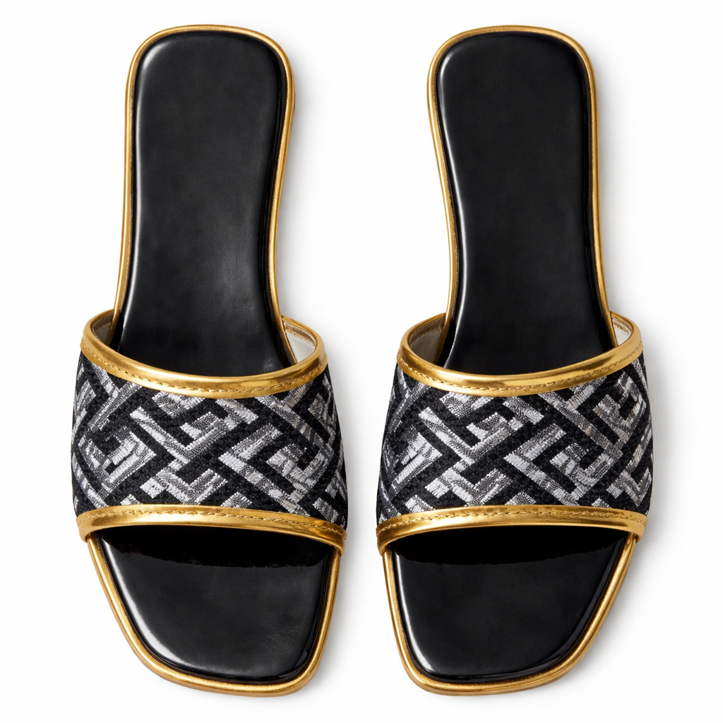 Patterned Single Strap Flat Slide Sandals with Gloss Finish