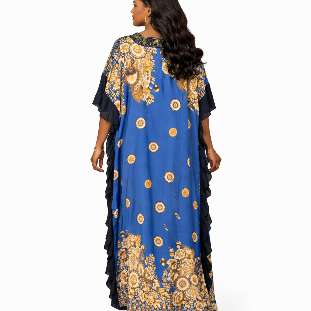 Printed Long Dress with V Neck Decorative Trim