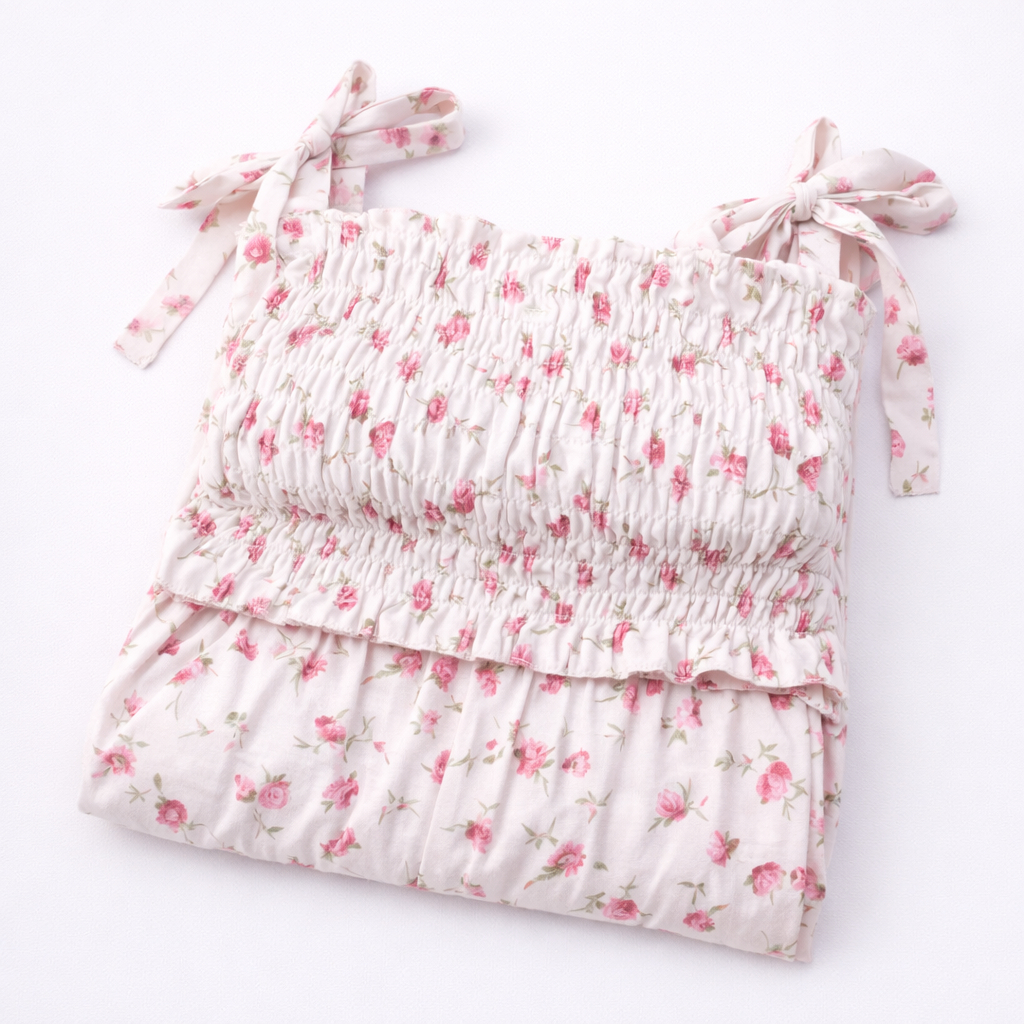 Floral Smock Crop Top and Wide Leg Pants Set