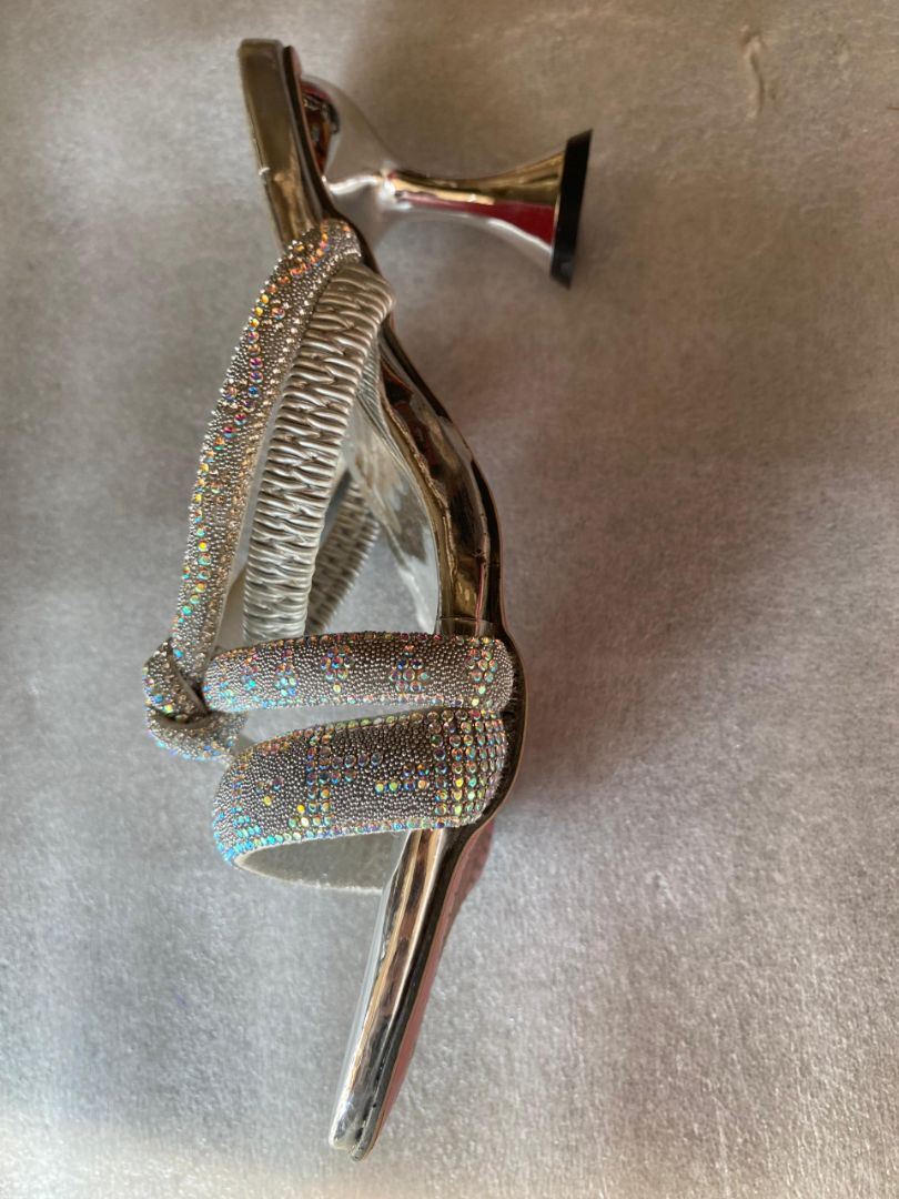 Gold Rhinestone Cross Strap Square Toe Flat Sandals