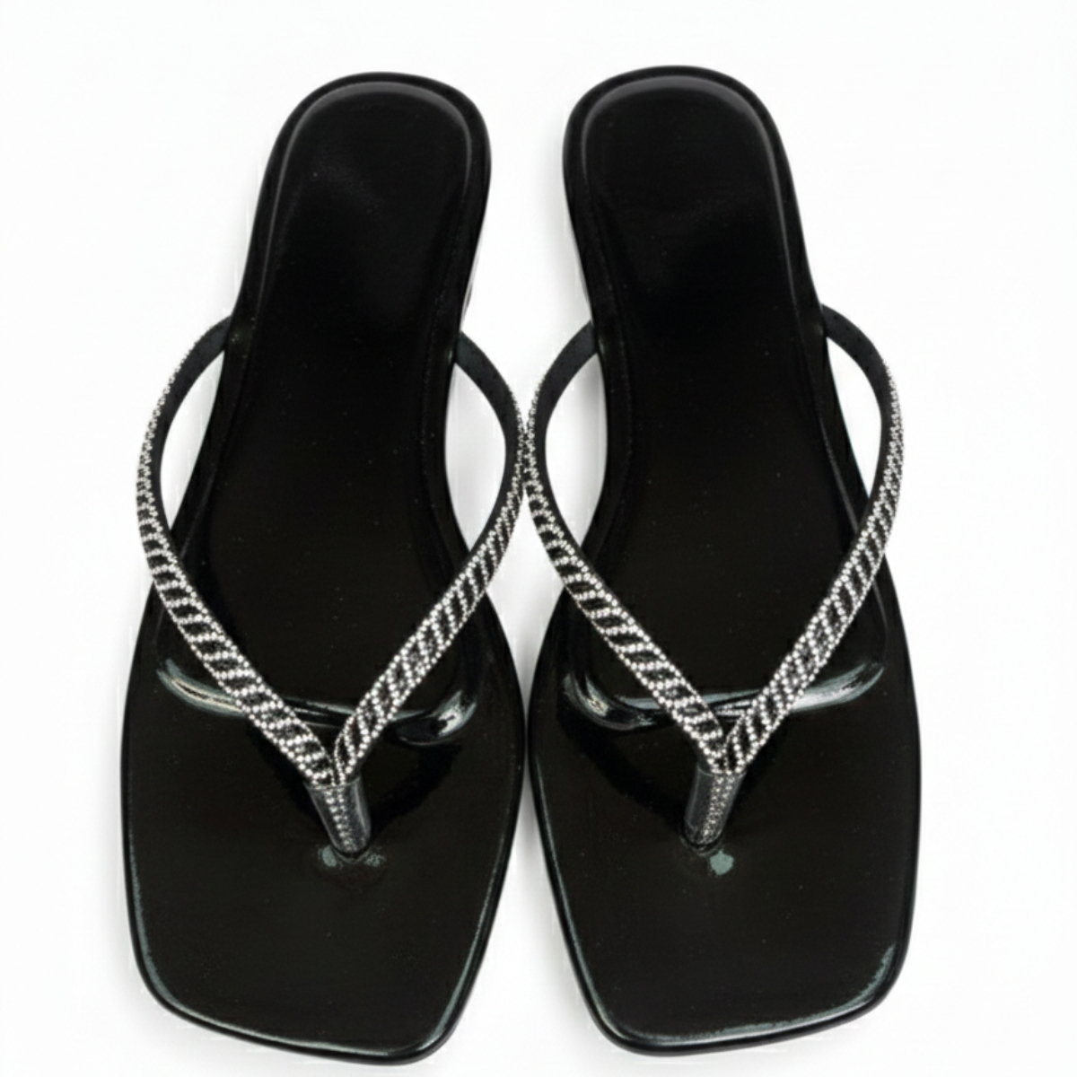 Elegant Black Flip Flop Sandals with Rhinestone Straps