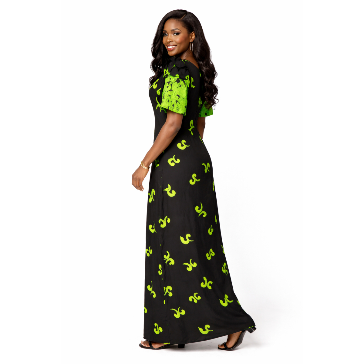 Long Black Maxi Dress with Green Abstract Print