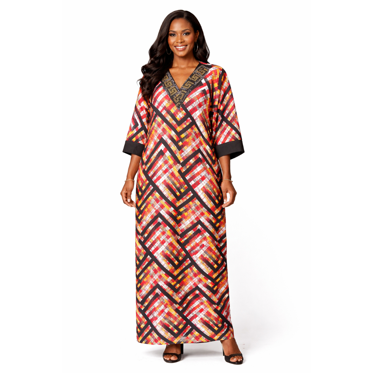 Long Patterned Maxi Dress with VNeck Detail