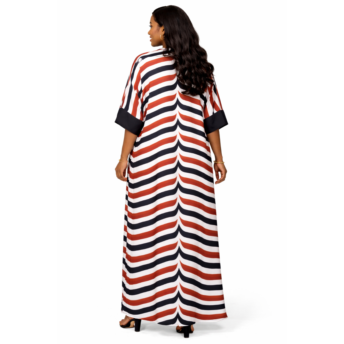 Striped Long Dress with V Neck Decorative Panel
