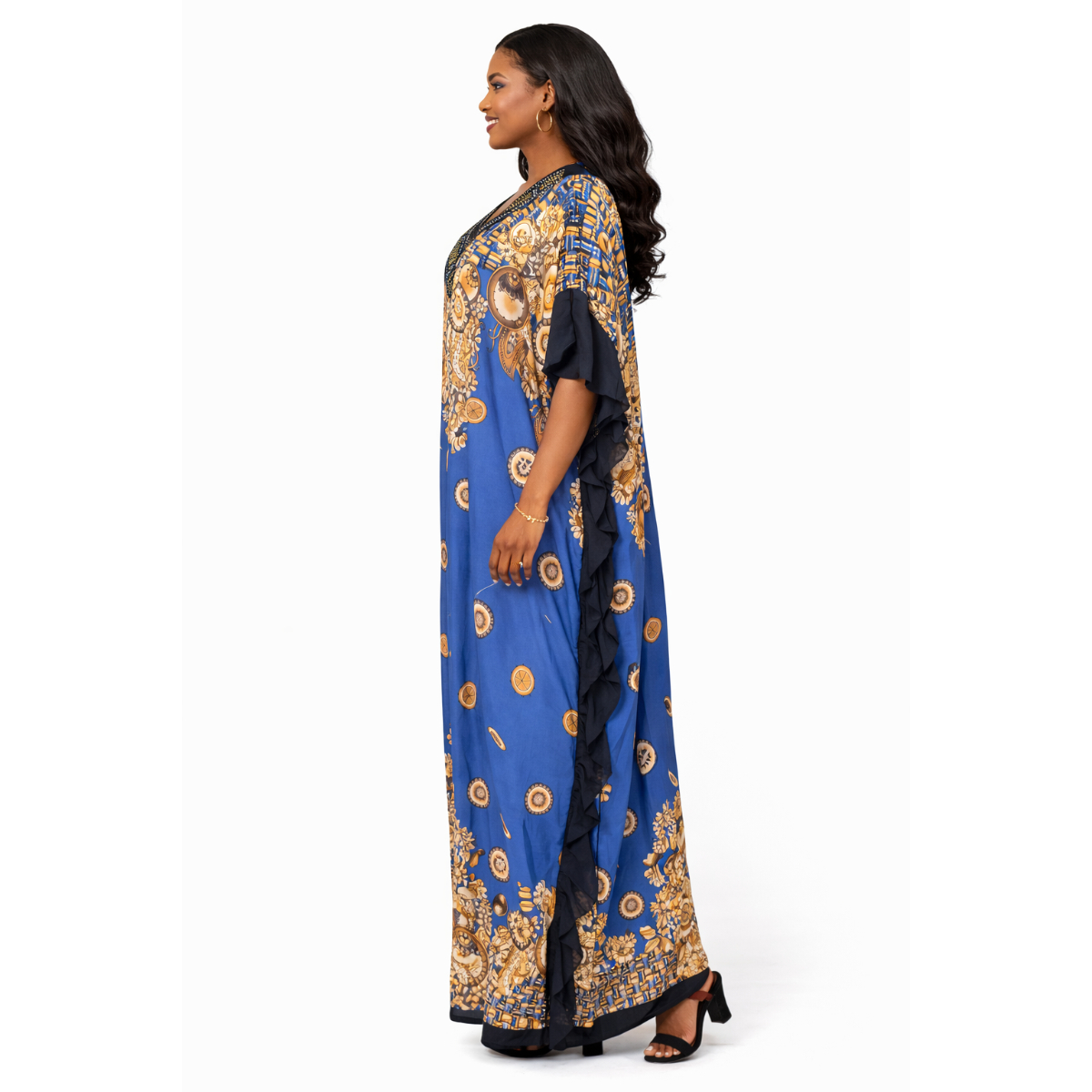 Printed Long Dress with V Neck Decorative Trim