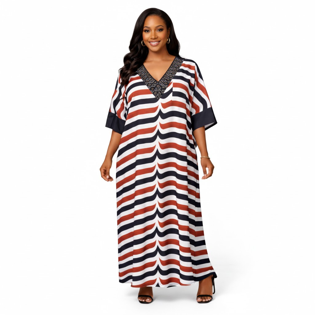 Striped Long Dress with V Neck Decorative Panel