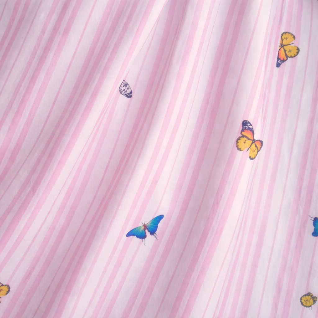 Printed Cotton Fabric with Pink Stripes and Butterfly Pattern