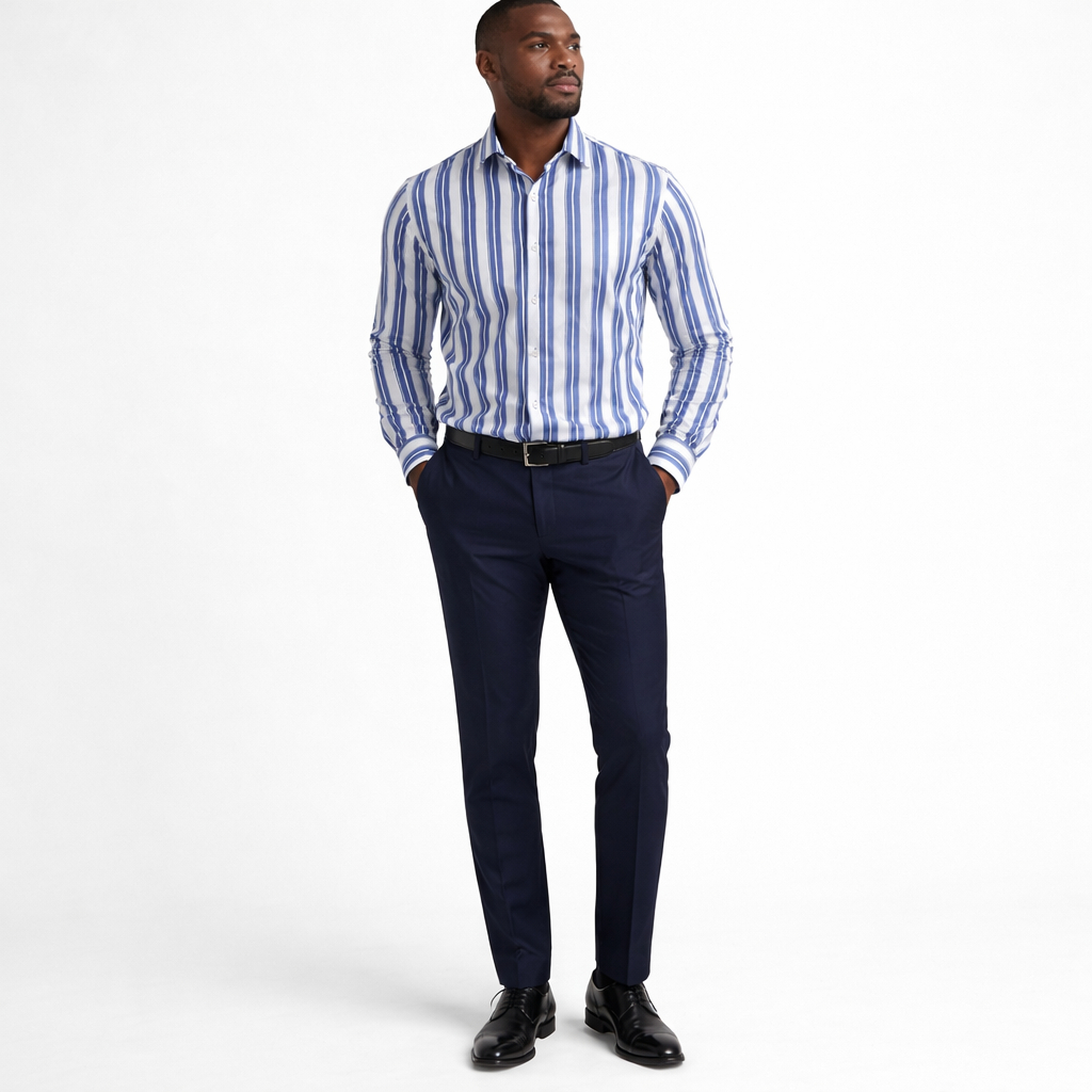 Blue and White Vertical Striped Cotton Fabric